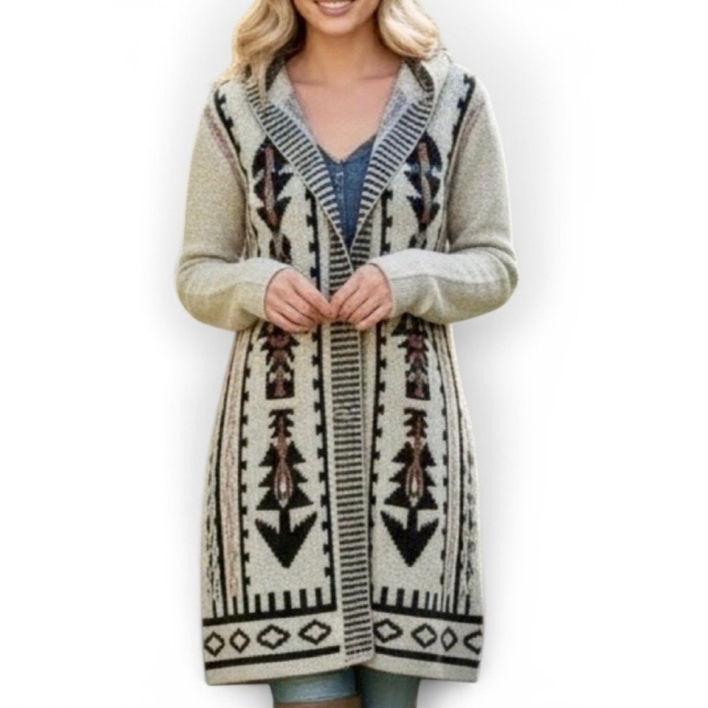 Cream Hooded Aztec-Print Knit Cardigan Sweater